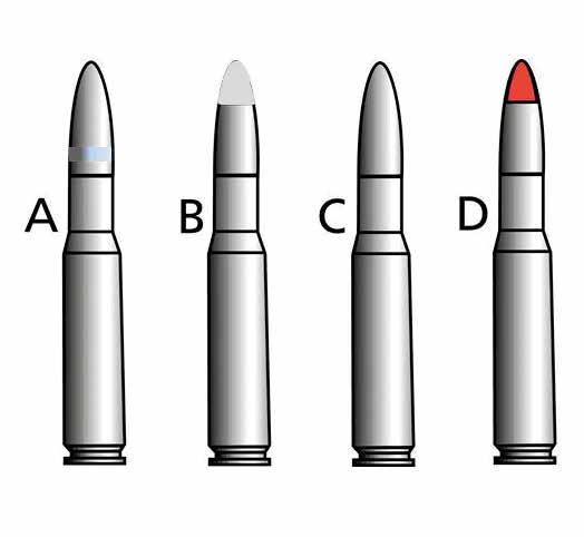 2 Ampumatarvikkeet ja niiden käsittely 214 KUVA 232. Eräitä 7.62 kiväärin patruunoita 2 (NATO) (A Tavallinen patruuna, B Panssari, C Panssarisytytys, D Valojuova).