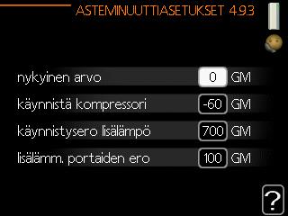 Lämmityksen käynnistys arvo kompressorille valitaan tässä valikossa.