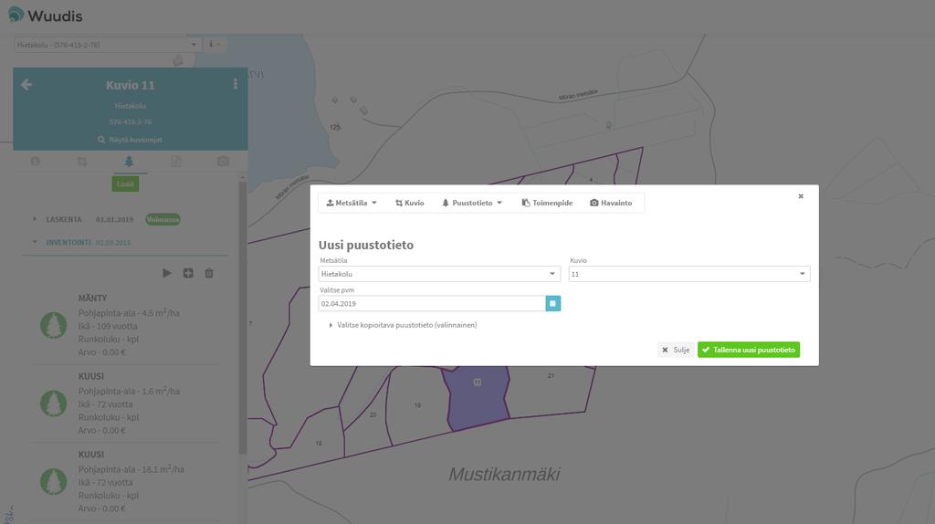 Puustotiedon lisääminen Lisää uusi inventointi tai kopioi aiemmin lisätty