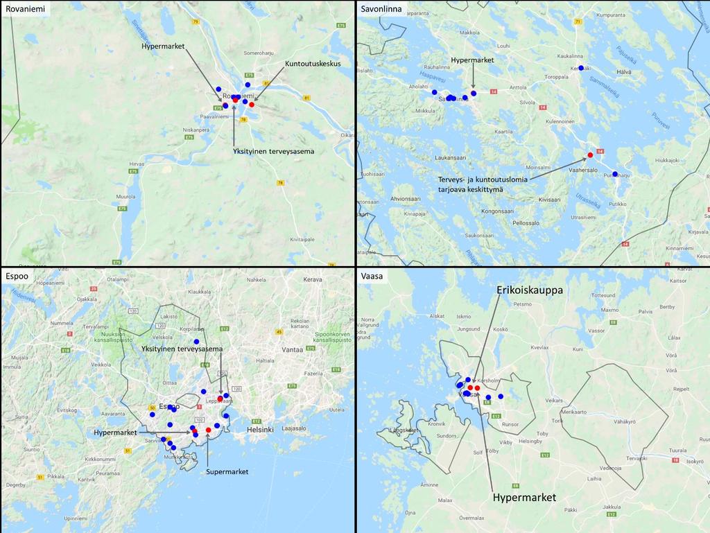 Kuviossa 2 on neljän eri puolilla Suomea sijaitsevan esimerkkikunnan tilanne (kuvion 1 kolmen kartan tilanne sellaisenaan, mutta suurennettuna ja kunnan rajat lisättynä).