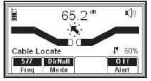 Nuoliohjattu minimitoiminto (Directional Null, DirNull) TRACE [2] + Mode [SK] + DirNull [SK paina toistuvasti] tai Menu [5] + Cable/Pipe [SK] + Mode [SK] + DirNull [SK paina toistuvasti]
