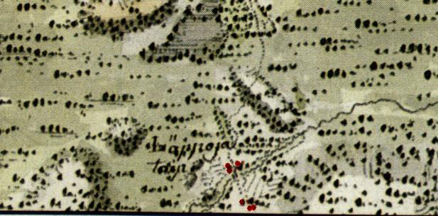 5 Ote kuninkaan kartastosta (1776 1805) talojen paikat on korostettu kartassa