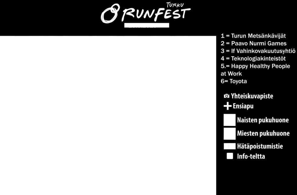 Pääsisäänkäynti RunFest-kylään tapahtuu Veritas Stadionin puolelta. Kupittaan Urheiluhallilla sijaitsee pukuhuoneet ja lisää vessoja.