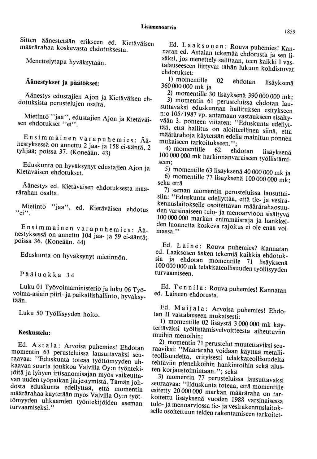 Lisämenoarvio 1859 Sitten äänestetään erikseen ed. Kietäväisen määrärahaa koskevasta ehdotuksesta. Menettelytapa hyväksytään.