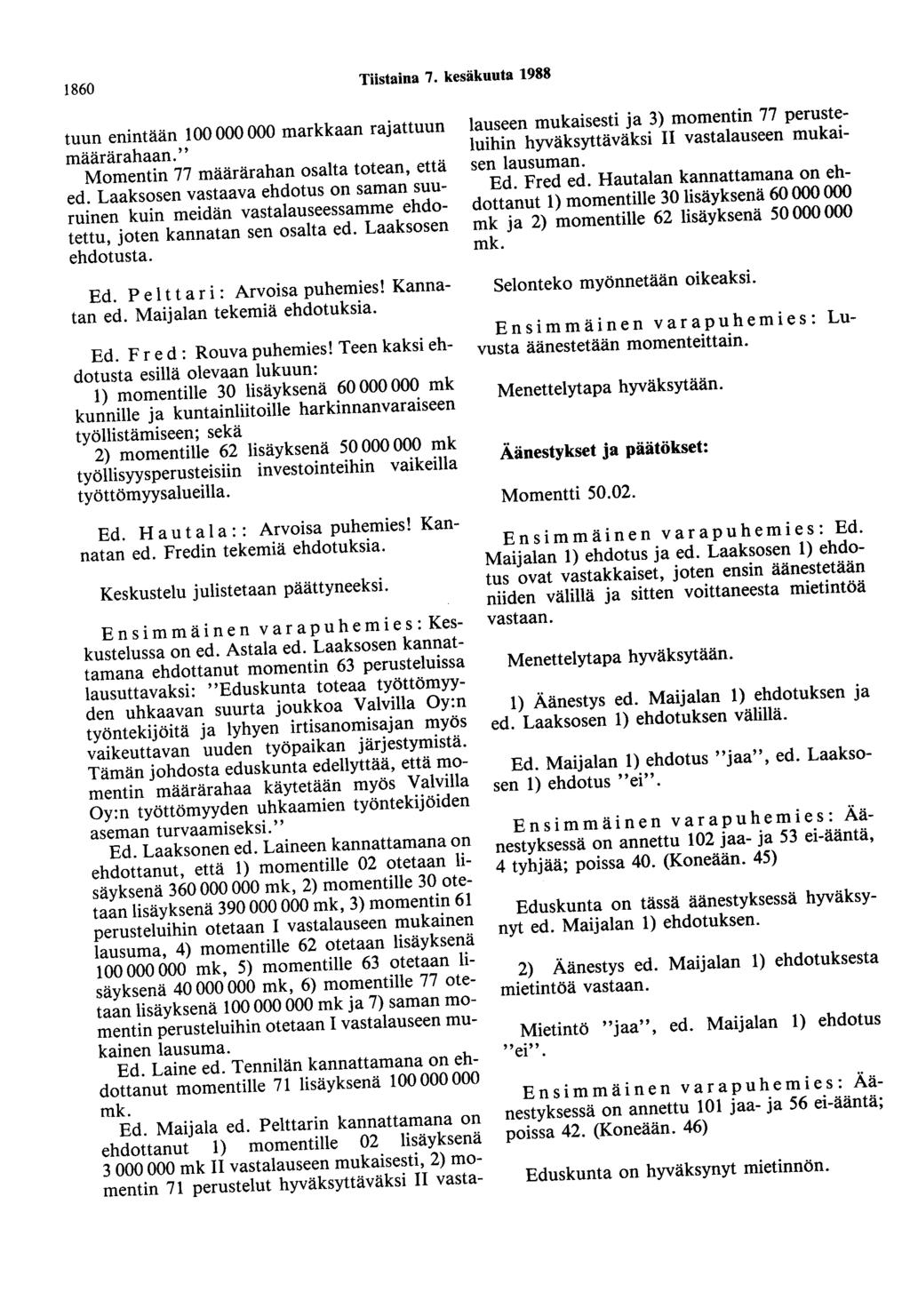 1860 Tiistaina 7. kesäkuuta 1988 tuun enintään 100 000 000 markkaan rajattuun määrärahaan." Momentin 77 määrärahan osalta totean, että ed.