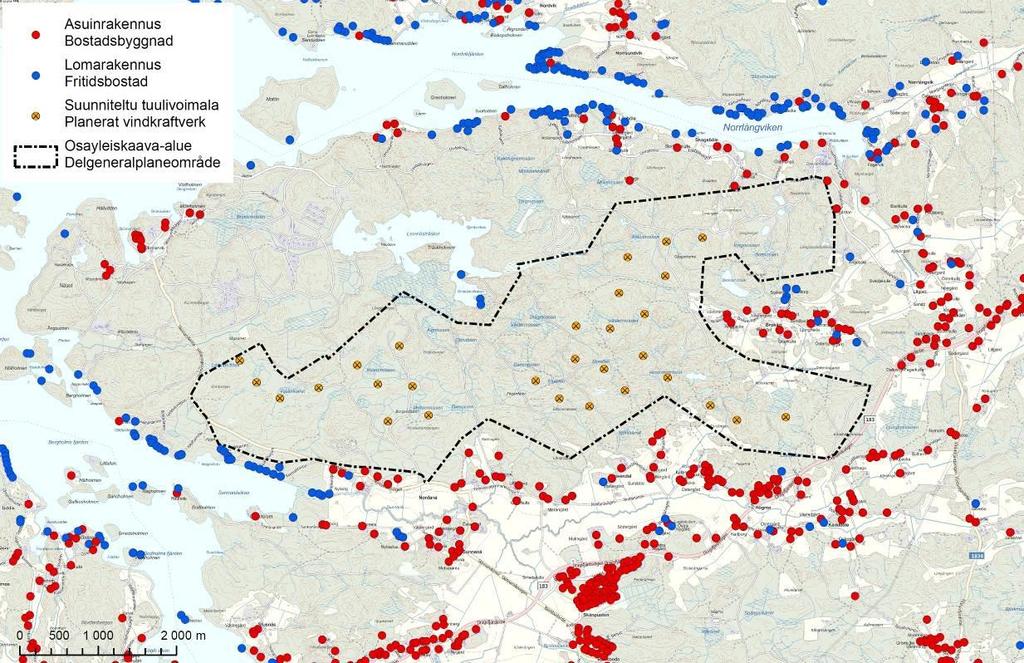 Kartta kaava-alueen ja sen lähiympäristön rakennuskannasta (lähde: Maastotietokanta, Kemiönsaaren rakennusvalvonta). 2.4.