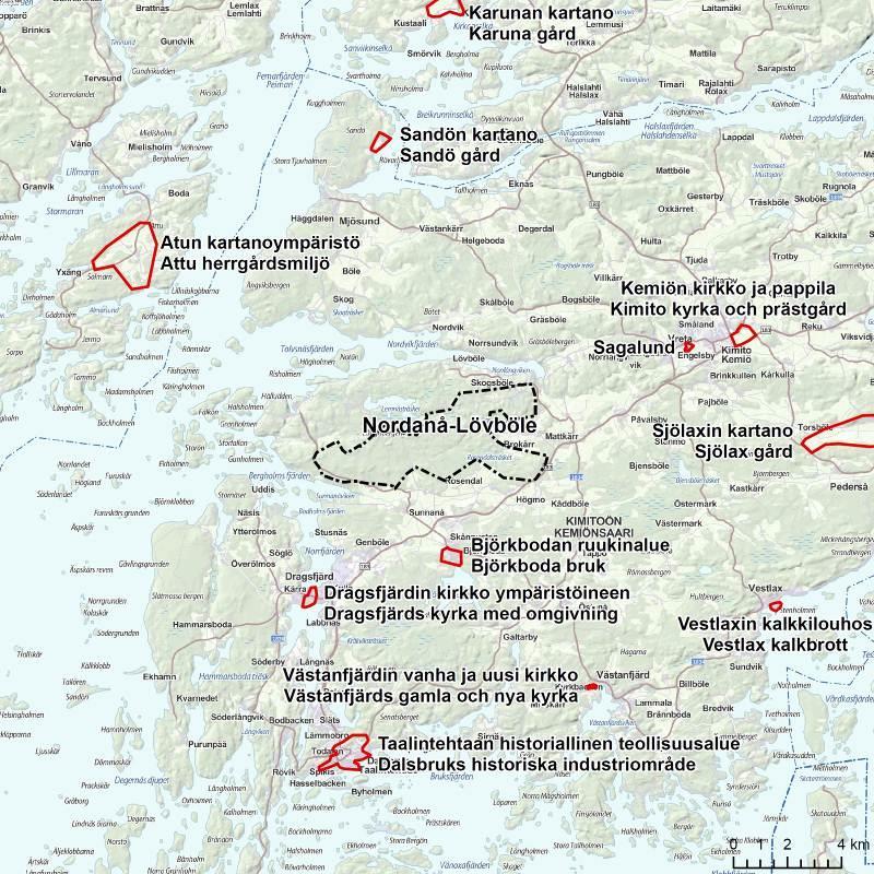 kartano, Kemiön kirkko ja pappila, Västanfjärdin uusi ja vanha kirkko, Dragsfjärdin kirkko ympäristöineen, Vestlaxin kalkkitehdas, Taalintehtaan historiallinen teollisuusalue ja Atun kartanoympäristö.