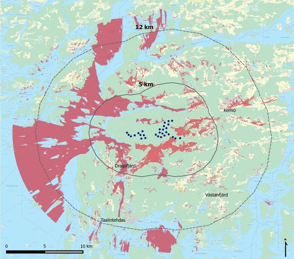 Tuulivoimaloiden teoreettinen näkyvyysalue, arvioitu tornin kärkeen asti (141 m korkeus). Mallinnuksessa on huomioitu maaston muoto ja yleistetty puuston peitteisyys.