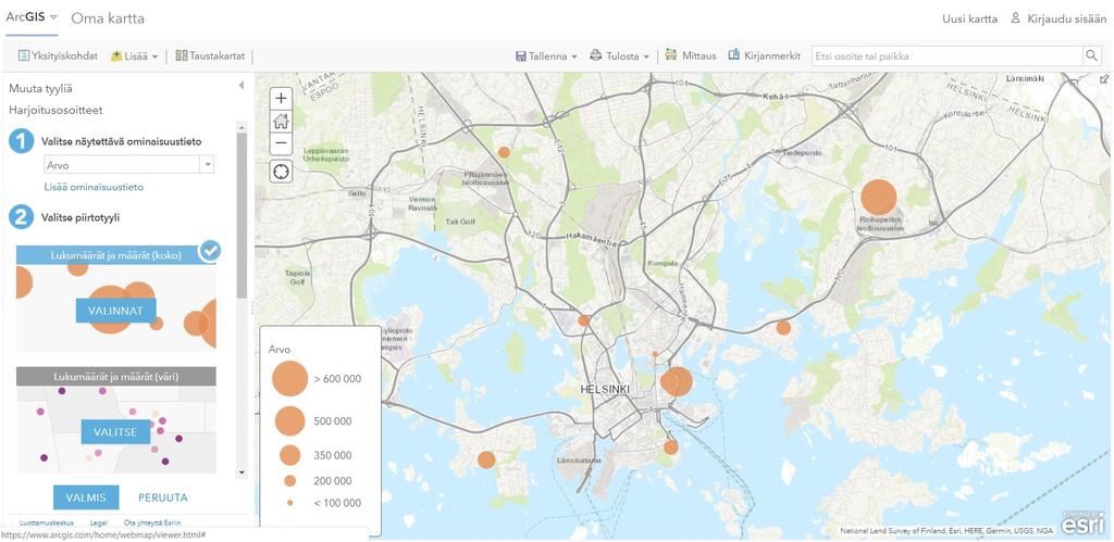 Osoitteet paikantuvat kartalle, ja Smart Mapping toiminnallisuus ehdottaa sopivaa