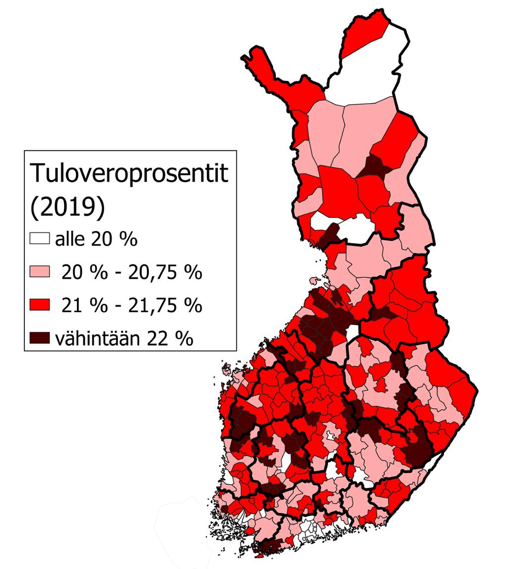 Eriytymiskehitys näkyy myös kuntien veroprosenteissa Vuosina 1992-2018 verotuloilla painotettu keskiarvo noussut 16,88 % -> 19,84 % Mediaani noussut 17,5 % -> 21 % Ääripäiden erotus nyt 5,5 %