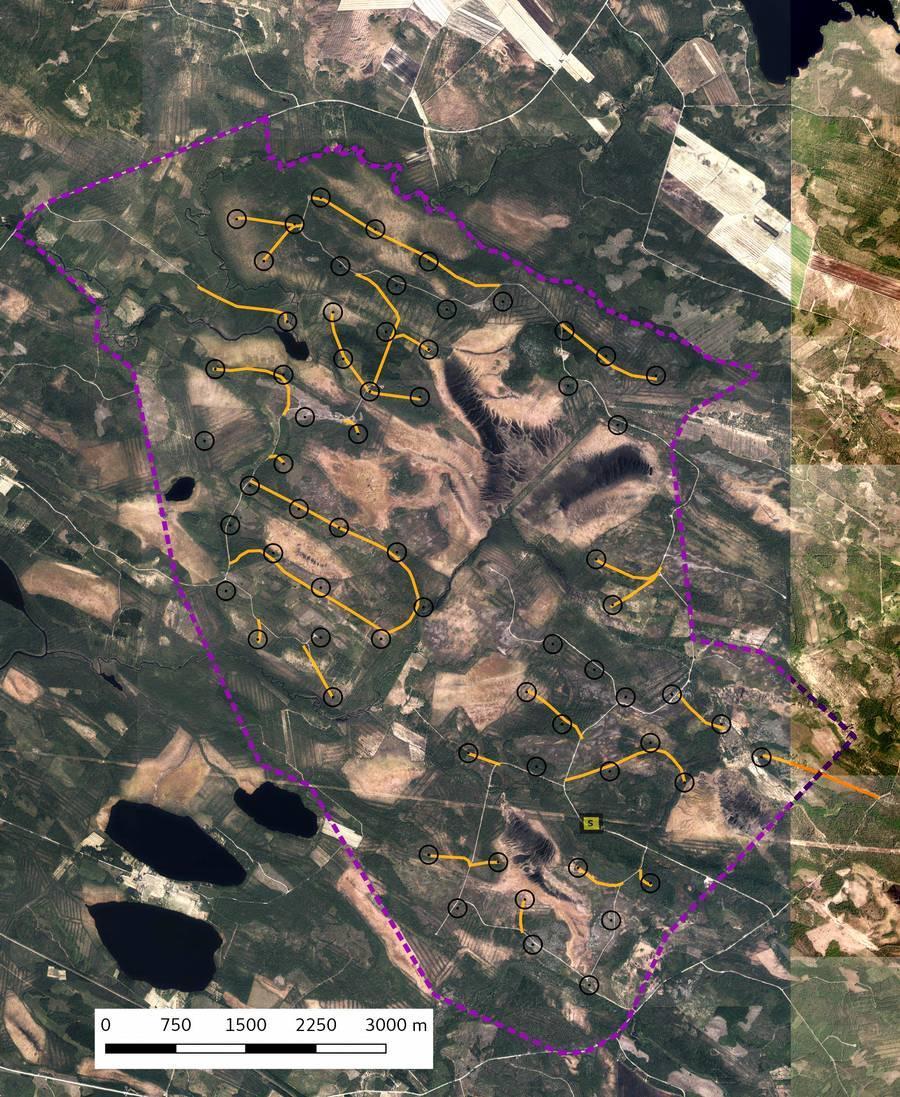 5 Kartta 3. Ortokuva. Hankealueen raja violettina katkoviivana, voimalat 1 65 mustana ympyränä, sähköasema keltaisena, nykyiset metsätiet mustana, suunnitellut tiet oranssina.