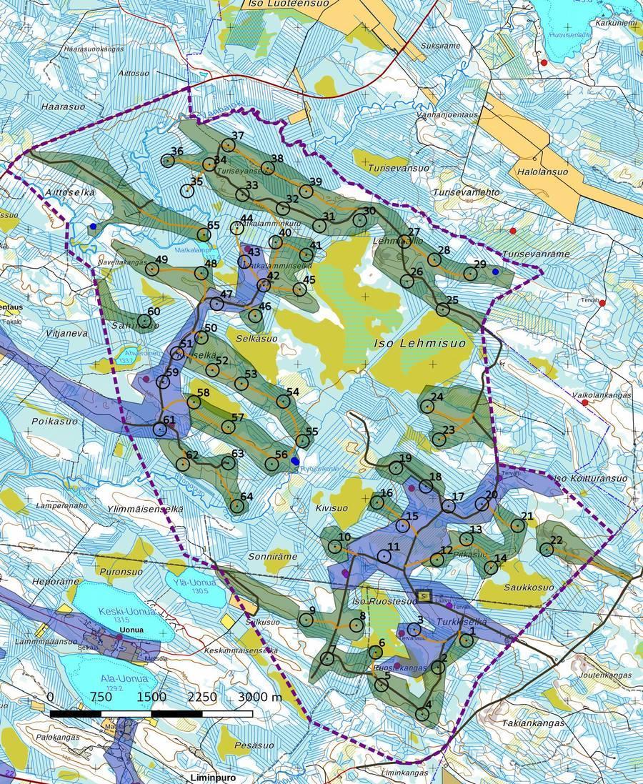 6 Kartta 4. Inventoidut alueet: sininen 2017, vihreä 2018.