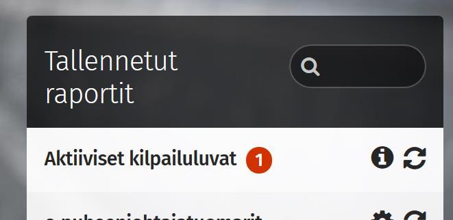 Kilpailuluvat - Kuluvalle kaudelle Tallennetut raportit Aktiiviset kilpailuluvat Raportille tulevat kaikki seuranne kilpailuluvat kuluvalle kaudelle.