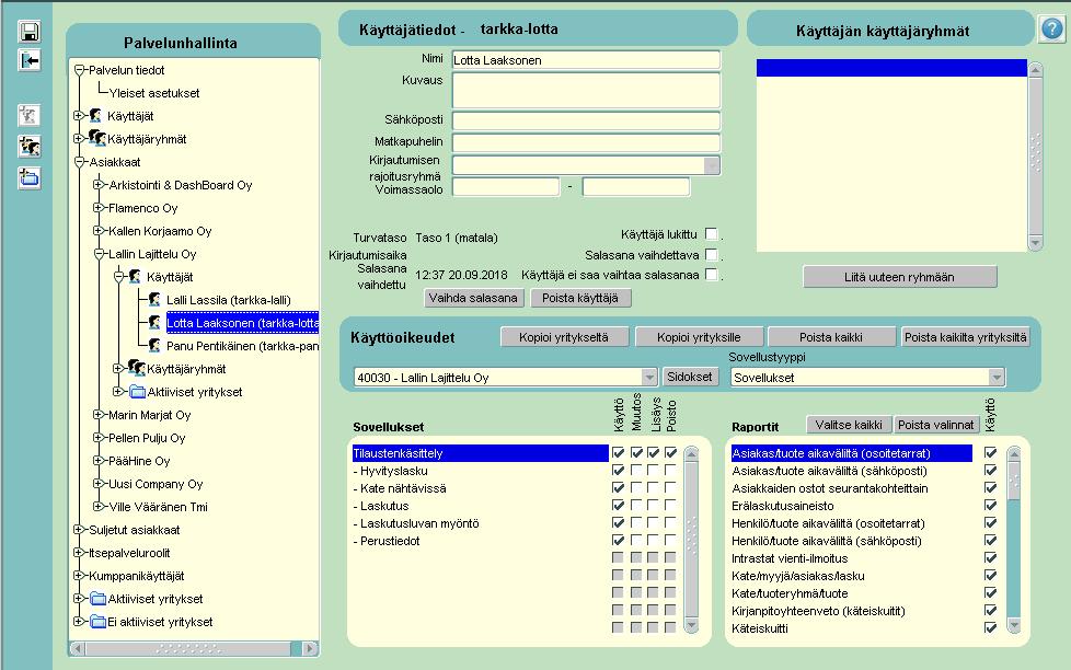 Käyttäjät - Avaamalla asiakkaan Käyttäjät-kohdan, pääsee tarkastelemaan ja käsittelemään valitun asiakkaan käyttäjien tietoja - Siirtymällä käyttäjän kohdalle, oikealla näkyvät valitun käyttäjän