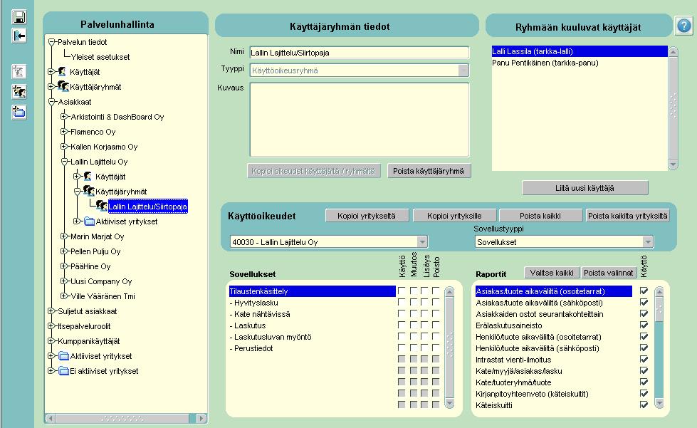 Käyttäjäryhmät - Avaamalla asiakkaan Käyttäjäryhmät-kohdan, pääsee tarkastelemaan ja käsittelemään valitun asiakkaan käyttäjäryhmien tietoja - Lajittelulla siirrettyjen käyttäjien aiemmat