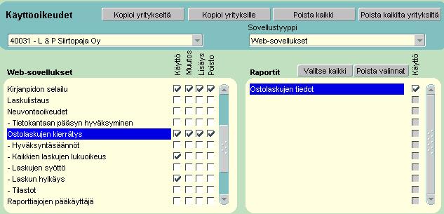 Käyttöoikeuksien tarkastelu/määrittely käyttäjä- tai käyttäjäryhmäkohtaisesti 1.