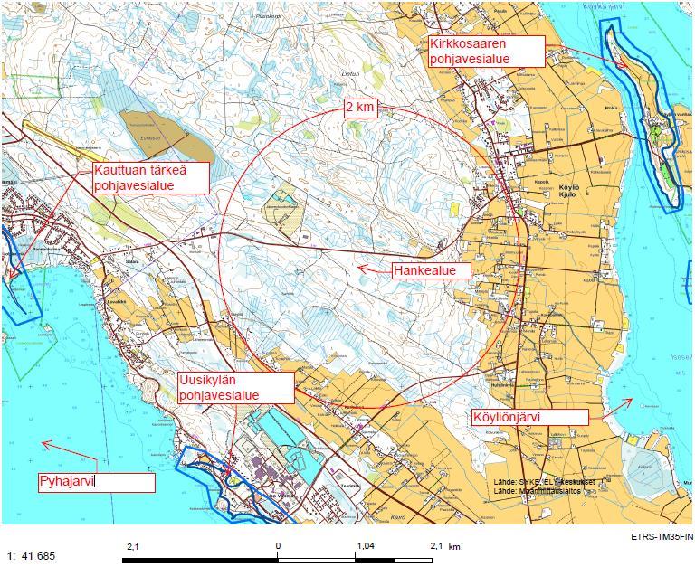 Pohjavedet Hankealue ei sijoitu pohjavesialueelle. Lähin vedenhankinnan kannalta tärkeä pohjavesialue Kauttua (0205001) sijoittuu noin 5 kilomerin päähän länteen hankealueesta.