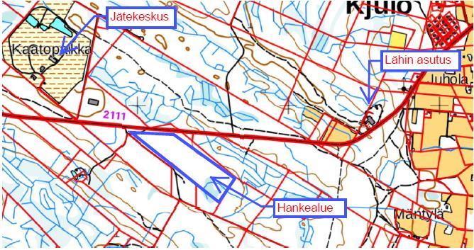 Kuva 2.1 Hankeen sijoittuminen. Lähin asutus sijoittuu hankealueen itäpuolelle, noin 1,1 km päähän.