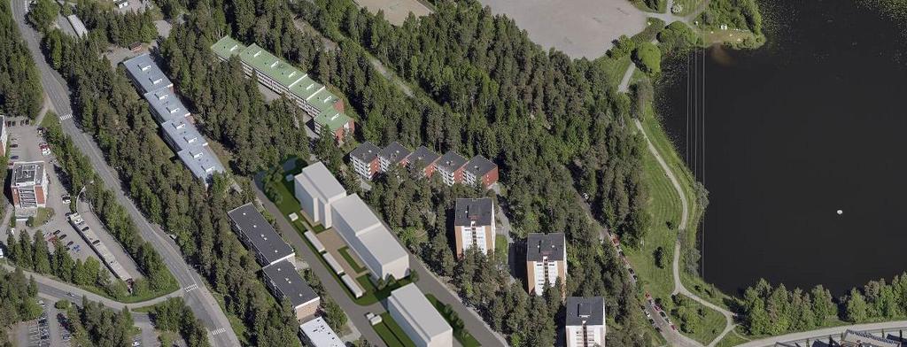 Kerrostalotontin eteläpuoleiselle tontille sijoitetaan nykyisin kiinteistöllä sijaitsevat autopaikat pysäköintilaitokseen. KUVA 25.