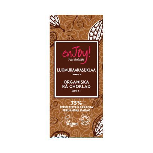 SLAAT JA MAKEISET ENJOY 75% RAAKASLAA (LUOMU) Pehmeä ja herkullinen tumma raakasuklaa, joka on tehty luomuraaka-aineista ja makeutettu luonnollisesti kookoksenkukkasokerilla.