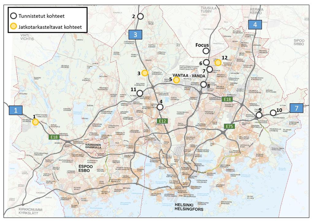 51 Kuva 21. Mahdollisia sijainteja raskaan liikenteen taukopaikoiksi Helsingin seudulla.