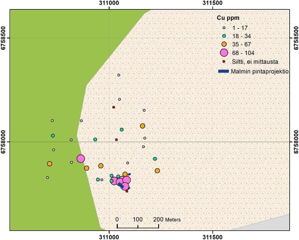 GEOLOGIAN TUTKIMUSKESKUS Hulkki ja Taivalkoski 72/2018 55 Cu-anomaliat. Esiintymä ei kuitenkaan näy Fe-pitoisuuksilla, vaikkakin kyseessä on kiisupirotteinen mineralisaatio (Kuva 49).