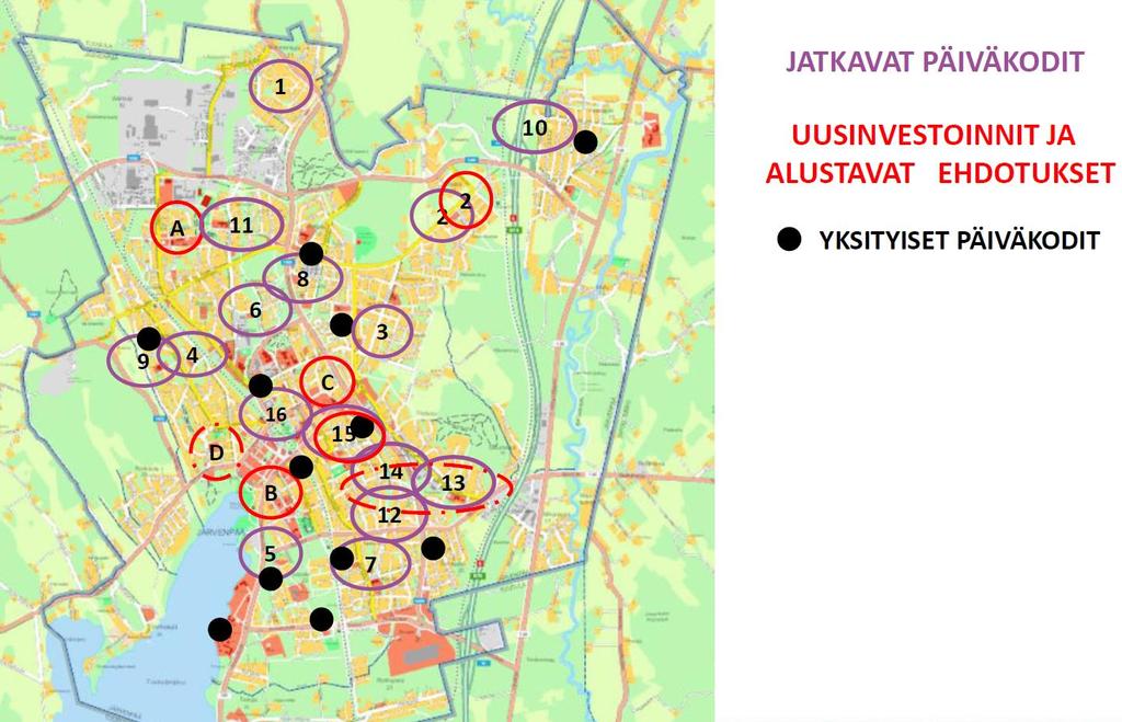 Varhaiskasvatuksen keskeiset hanke-esitykset palveluverkkoon: Kouluhankkeisiin liittyviä hanke-esityksiä ovat: Kinnarin koulu syksy 2019, 3 esiopetusryhmää Uuden JYK:n yhteyteen v.
