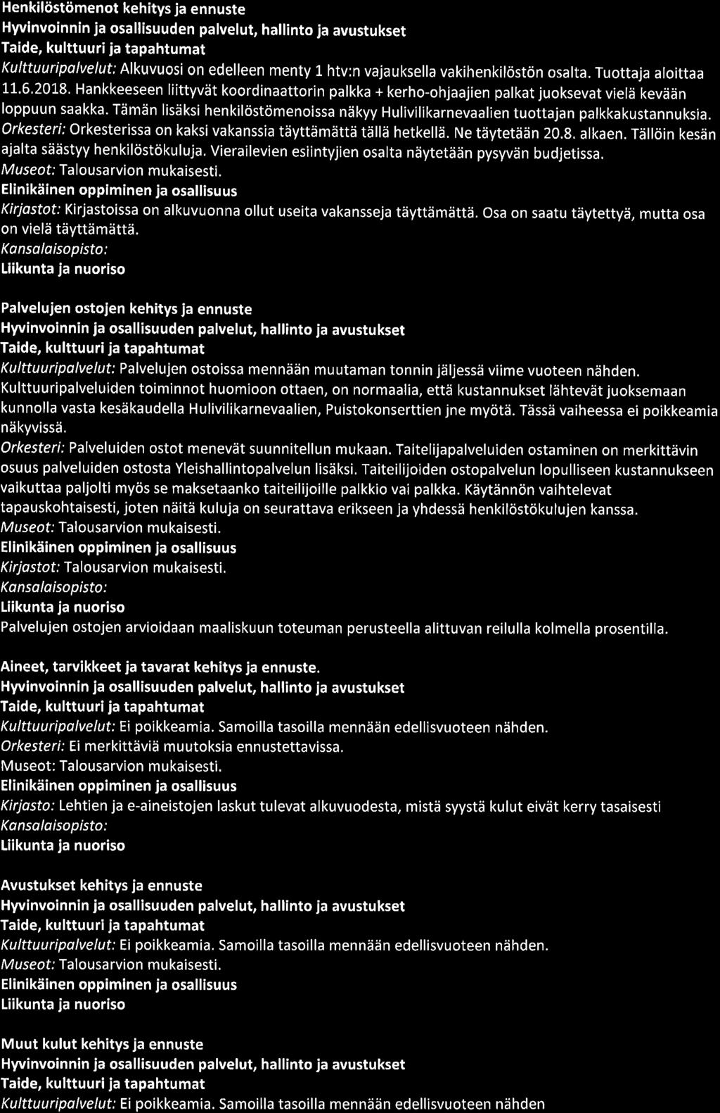 Henkilöstömenot kehitys ja ennuste Kulttuuripolvelut; Alkuvuosi on edelleen menty L htv:n vajauksella vakihenkilöstön osalta. Tuottaja aloittaa 11.6.218.