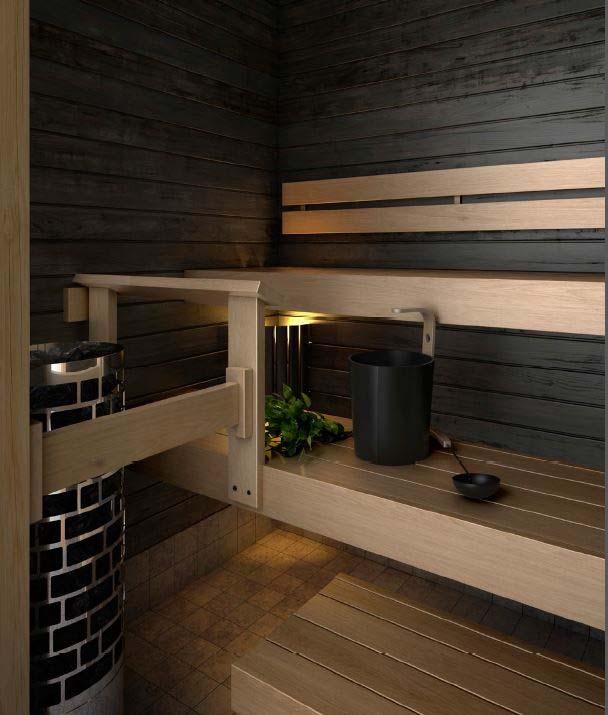 Sauna Saunan lauteiden ja paneeleiden sävytys Saunan seinä- ja kattopaneeleiden sävytys Musta, mocca tai harmaa Paneelit kuusta 15x95 STP/VK Sisältää karmin ja mahdollisen ikkunanpokan sävytyksen