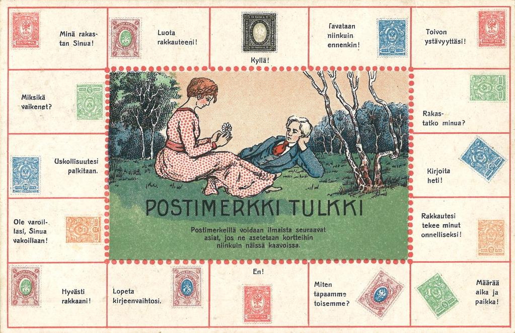 Tampereen Filatelistiseuran ry:n postikortteja Uusintapainos historiallisesta rakkauden kielen tulkkikortista Postikortti keksittiin 1860-luvulla.