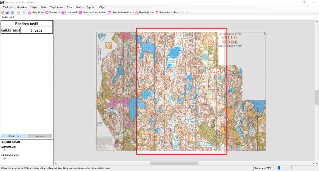 Tulostusalueen rajaaminen Rajaaminen kannattaa tehdä, vasta kun kaikki karttaan tulevat tiedot on työstetty. Purple Pen näyttää tulostettavan alueen muusta alueesta hieman kirkkaampana.