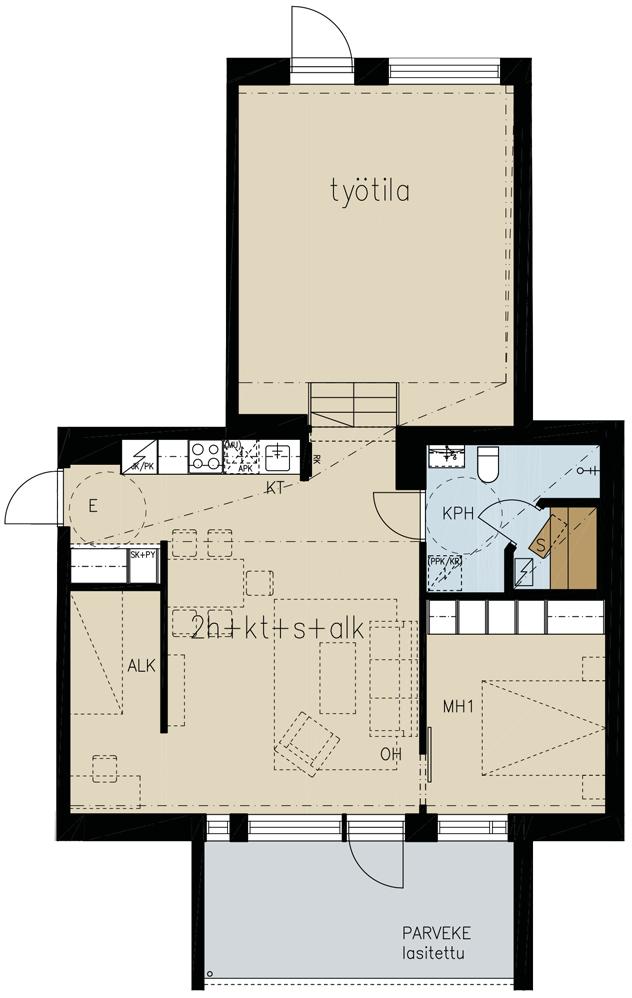 57,0+27,0 m² 2 h + kt + s + alk työtila A1 1. KERROS Tilatehokas kaksio, jossa avara työtila!