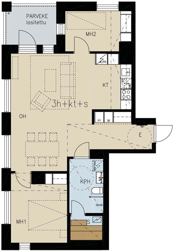 68,0 m² 3 h + kt + s A15 3. KERROS A22 4. KERROS A29 5. KERROS A36 6. KERROS A43 7. KERROS Valoisa läpitalon kolmio.