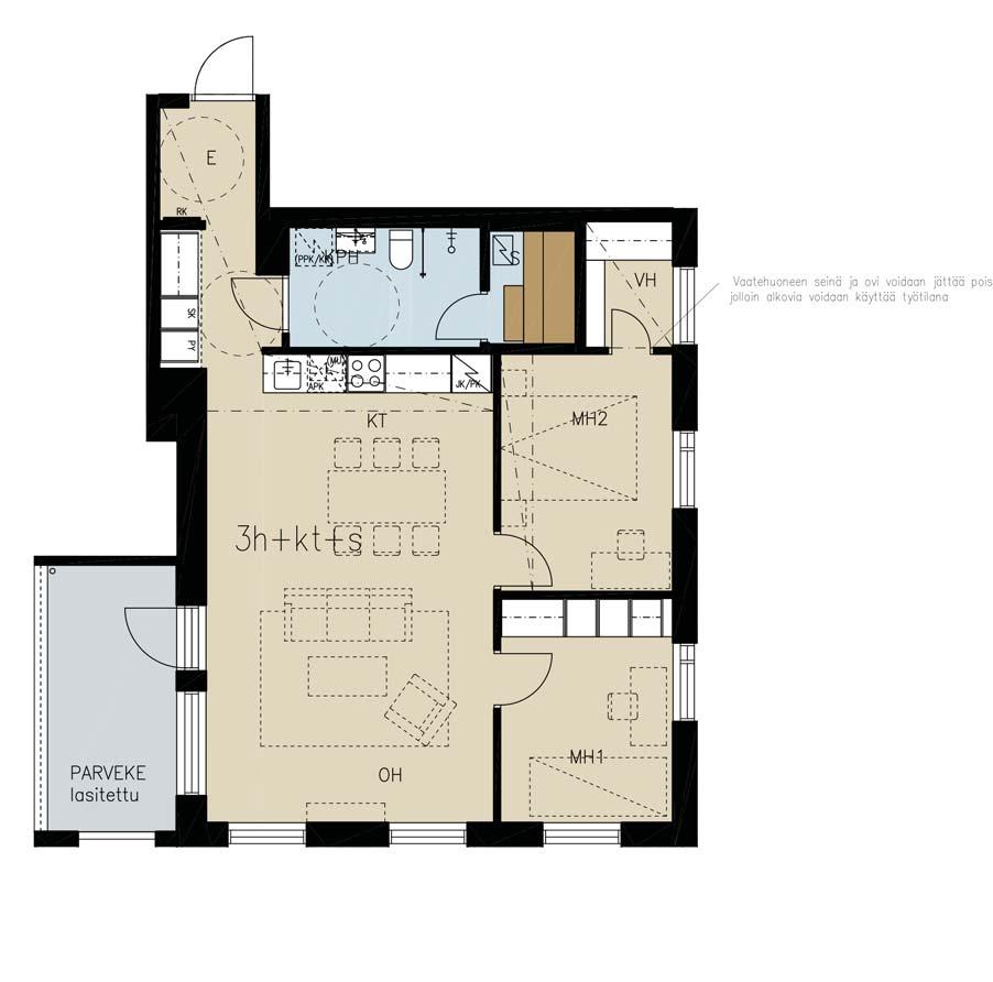 28 yit.fi/aventuriini 70,5 m² 3 h + kt + s B46 1. KERROS Lähes oleskelutilojen levyinen lasitettu parveke. Näkymiä jopa kolmeen suuntaan!