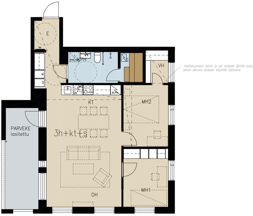 70,5 m² 3 h + kt + s B49 2. KERROS B55 3. KERROS B61 4. KERROS B67 5. KERROS B73 6. KERROS B79 7. KERROS Lähes oleskelutilojen levyinen lasitettu parveke. Näkymiä jopa kolmeen suuntaan!