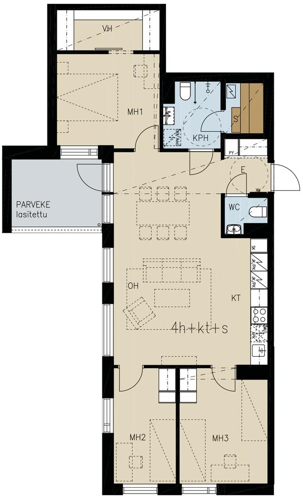 85,0 m² 4 h + kt + s B50 2. KERROS B56 3. KERROS B62 4. KERROS B68 5. KERROS B74 6. KERROS B80 7. KERROS Toimiva koti isommallekin perheelle.