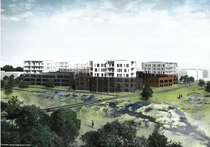 Kaupunkisuunnittelu Muistio 14 (18) NELIAPILA Yleistä Rakentamisen kokonaismäärä on 16 974 k-m². Yhteistiloja tähän sisältyy 1 572 k-m². Näkymä Puukortteliin kaakosta Porvoonjoen yläpuolelta.