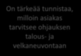 Kannusta asiakasta puhumaan velkatilanteestaan Asiakkaan lisävelkaantuminen tulisi saada pysäytettyä heti työskentelyn