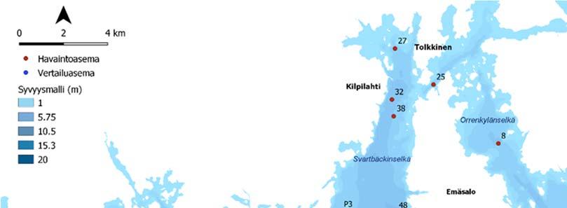 Kuva 10. Vuonna 2018 mukana olleet tarkkailuasemat ja tutkimusalueen syvyysmalli (Metsähallitus, VELMU-kartoitukset). Taulukko 6.
