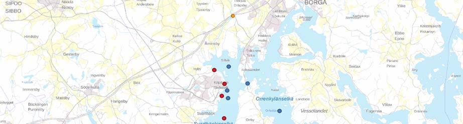 Porvoon edustan tarkkailualue, havaintoasemat ja purkupisteet vuonna 2018. Porvoon merialueelle laaditun 3D virtausmallin (Korpinen ym.