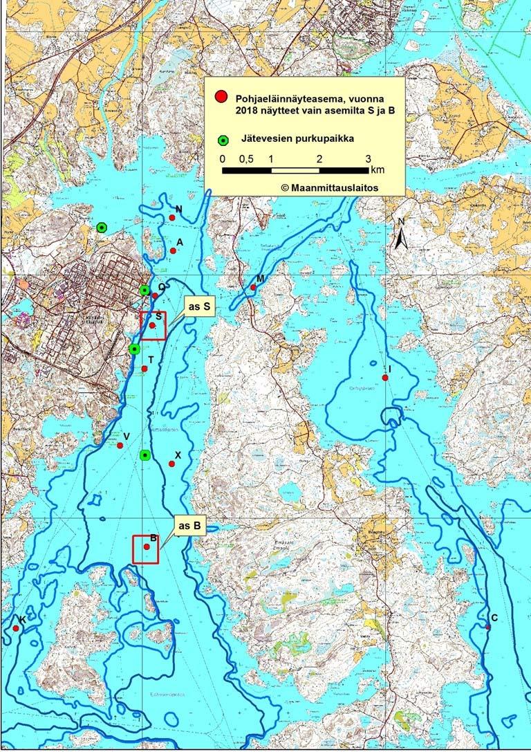 Pohjaeläintutkimuksen näyteasemat; vuonna 2018 näytteet vain