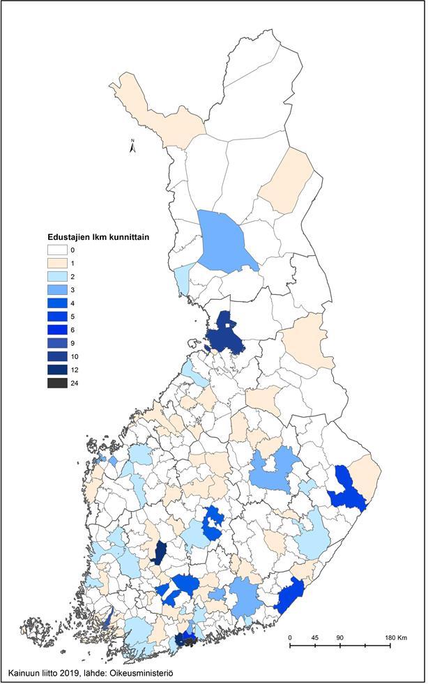 Eduskuntavaaleissa 2019 valittujen edustajien kotikunnat Kotikunta Edustajien lkm Helsinki 24 Espoo 12 Tampere 12 Oulu 10 Turku 9 Vantaa 6 Joensuu 5 Lappeenranta 5 Hämeenlinna 4 Jyväskylä 4 Kouvola 3
