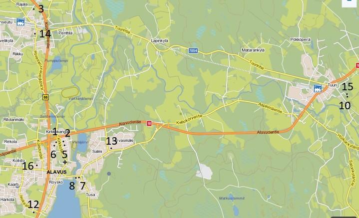 20 4 JÄLKIKAIUNTA-AIKOJEN MITTAUS 4.1 Kohteet Alavudella oli kaiken kaikkiaan 16 mittauskohdetta. Kohteiden sijainnit on merkitty karttaan kuvioissa 5, 6 ja 7.