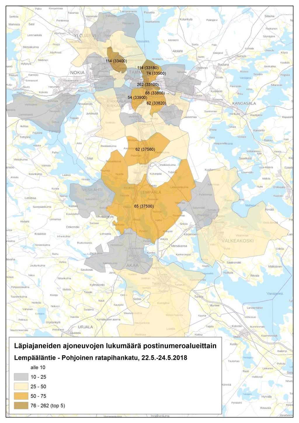 postinumeroalueittain 10 Lempääläntien ja Pohjoisen ratapihankadun välillä (3) Mittauspisteiden väli on noin 2 kilometriä. Mittausajankohtana on 22.5.-24.5.2018 (tiistaista torstaihin).