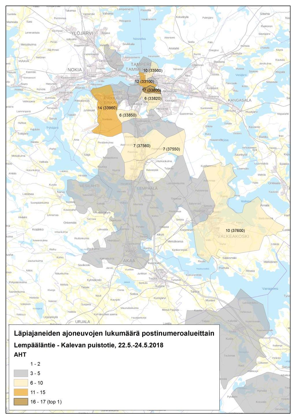 postinumeroalueittain, AHT 11 Lempääläntien ja Kalevan puistotien välillä (4) Mittauspisteiden väli on noin 2 kilometriä. Mittausajankohtana on 22.5.