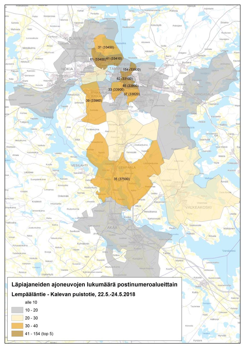 postinumeroalueittain 12 Lempääläntien ja Kalevan puistotien välillä (4) Mittauspisteiden väli on noin 2 kilometriä. Mittausajankohtana on 22.5.-24.5.2018 (tiistaista torstaihin).