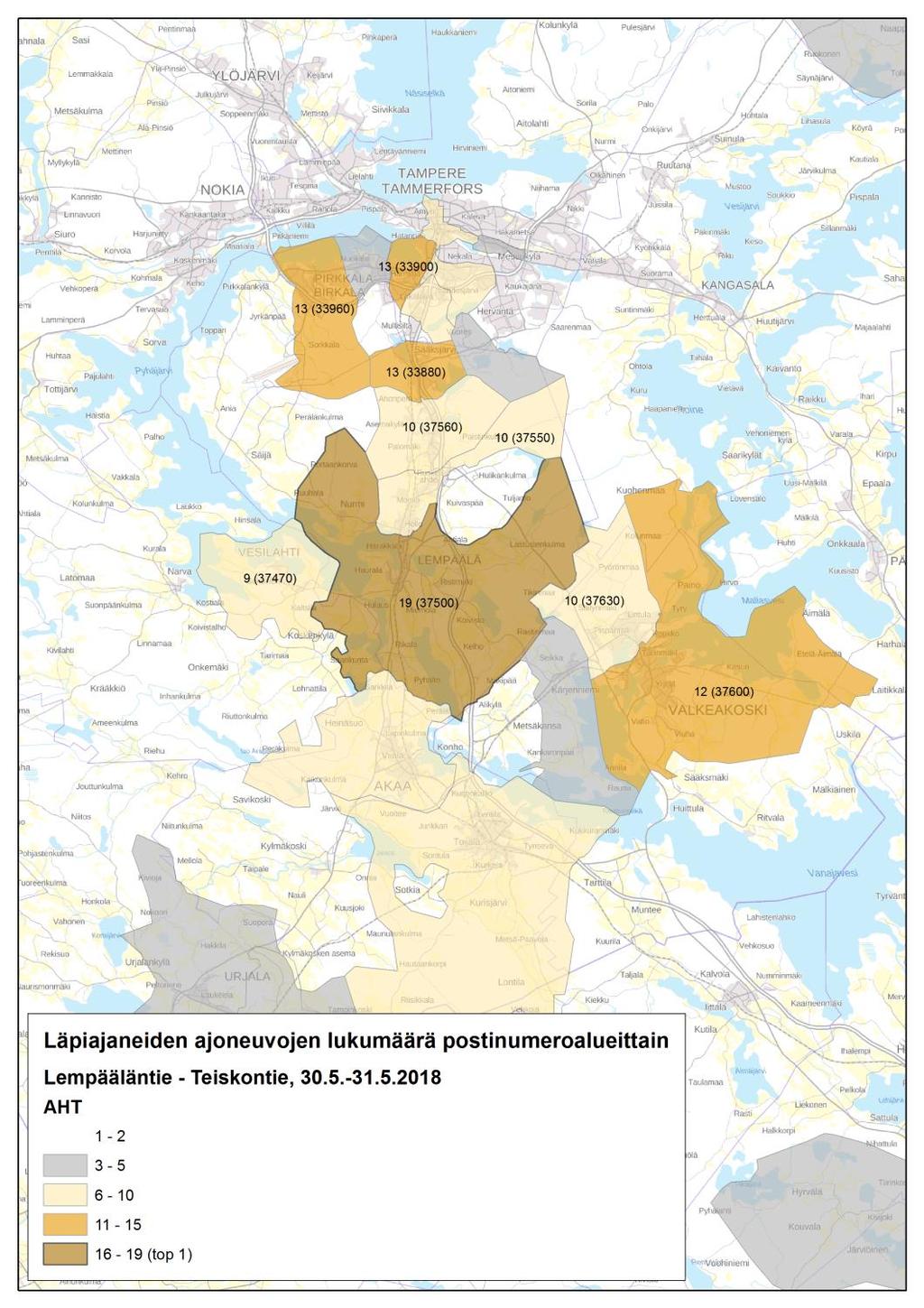 postinumeroalueittain, AHT 13 Lempääläntien ja Teiskontie 26:n välillä (5) Mittauspisteiden väli on noin 2,2 kilometriä. Mittausajankohtana on 30.5.-31.5.2018 (keskiviikosta torstaihin) aamuhuipputunnit klo 7-9.