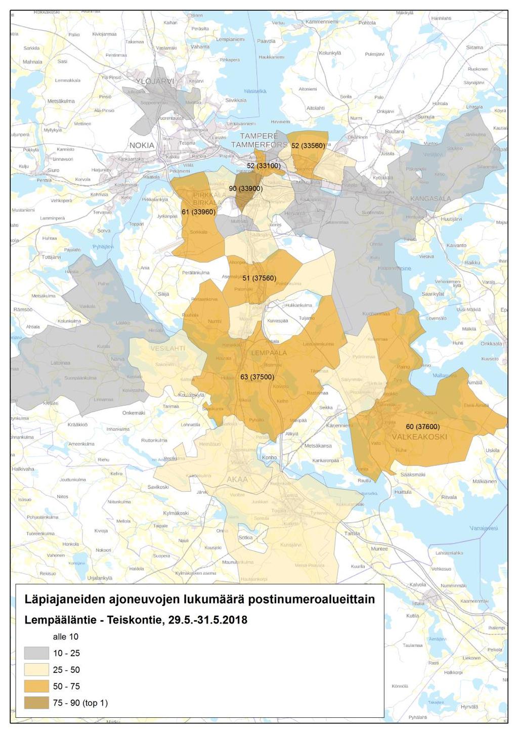 postinumeroalueittain 14 Lempääläntien ja Teiskontie 26:n välillä (5) Mittauspisteiden väli on noin 2,2 kilometriä. Mittausajankohtana on 29.5.-31.5.2018 (tiistaista torstaihin).