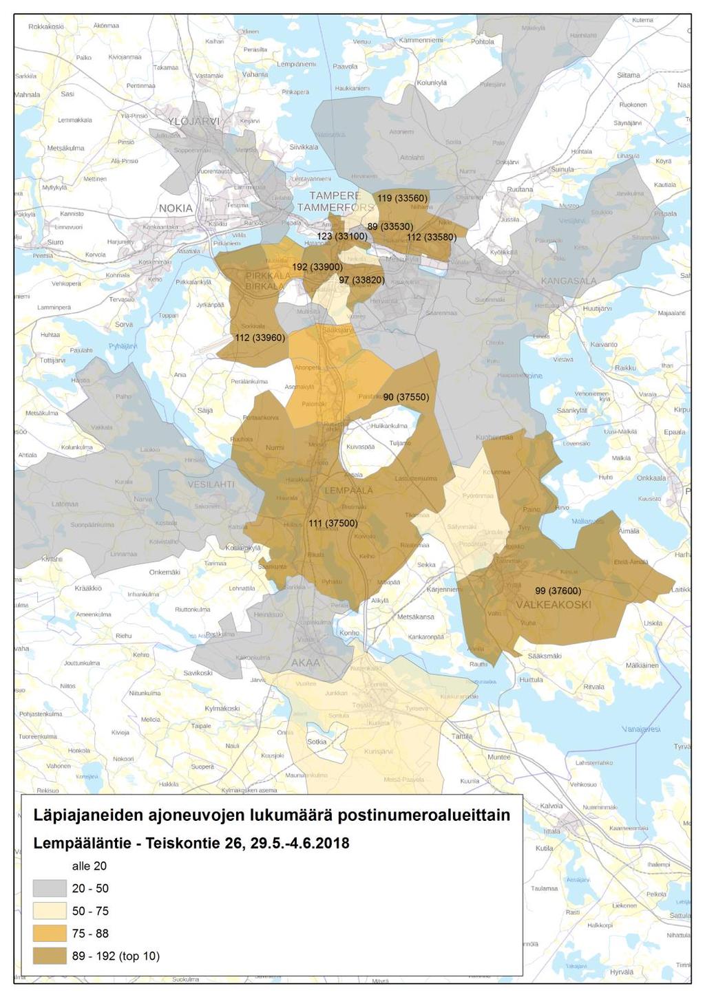 postinumeroalueittain 30 min 15 Lempääläntien ja Teiskontie 26:n välillä (5) Mittauspisteiden väli on noin 2,2 kilometriä. mittauspisteiden välin 30 minuutissa. Mittausajankohtana on 29.5.-4.6.2018 (tiistaista maanantaihin).