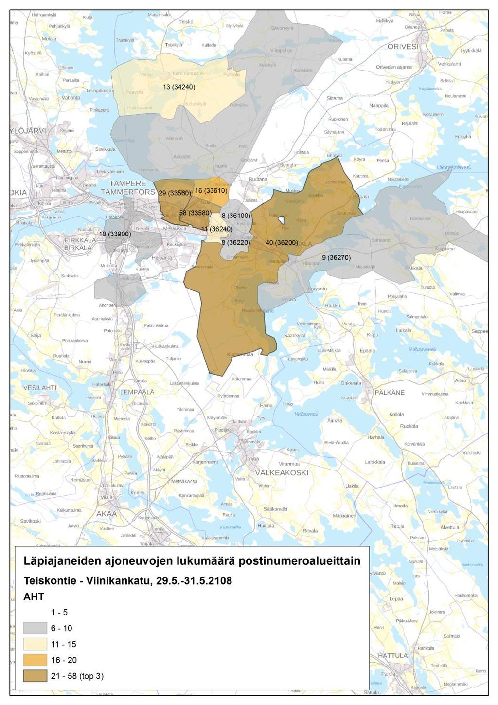 postinumeroalueittain, AHT 16 Teiskontien ja Viinikankadun välillä (6) Mittauspisteiden väli on noin 2 kilometriä. Mittausajankohtana on 29.5.
